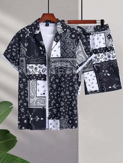 Completo uomo 2024 con stampa patchwork, risvolto, maniche corte, camicia casual, pantaloncini da spiaggia, abbigliamento streetwear estivo, vacanze, completo hawaiano, taglie S-5XL.