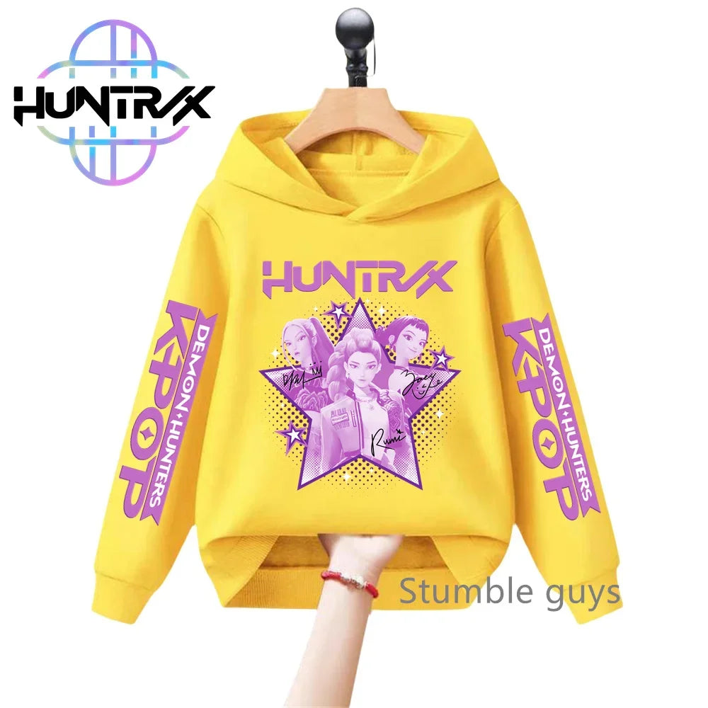 Felpa con cappuccio a maniche lunghe per bambini con stampa anime autunnale KPop Demon Hunters, abbigliamento sportivo, vestiti casual per ragazzi e ragazze.