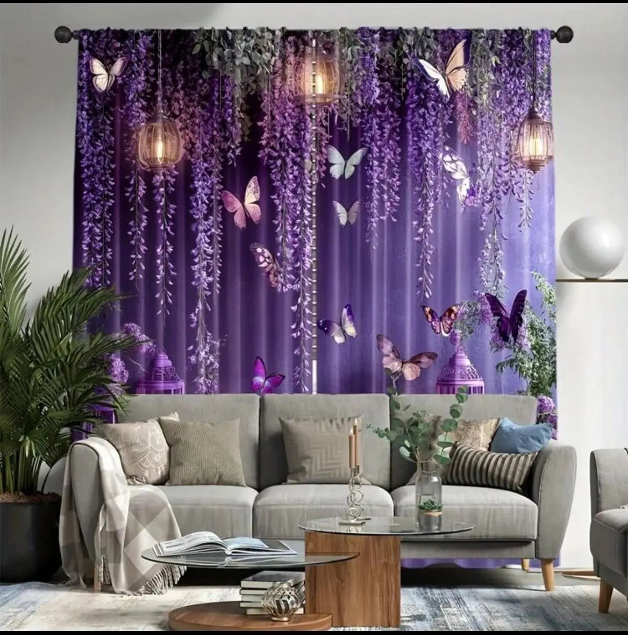VIKAMA Romantic Purple Floral Butterfly Curtains Draped Vine Lantern Pattern Master Bedroom Princess Room
