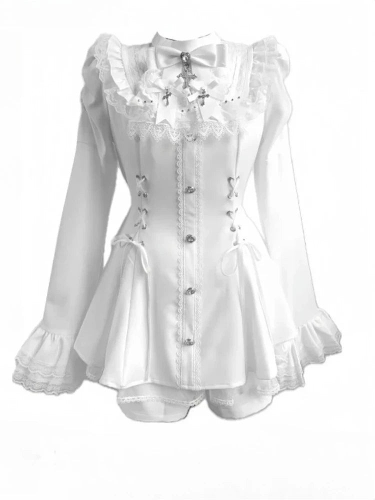 Set di abiti con fiocco in stile giapponese dolce, pantaloncini, abiti da donna a maniche lunghe e camicia a quadri, stile Kawaii Lolita, Y2k