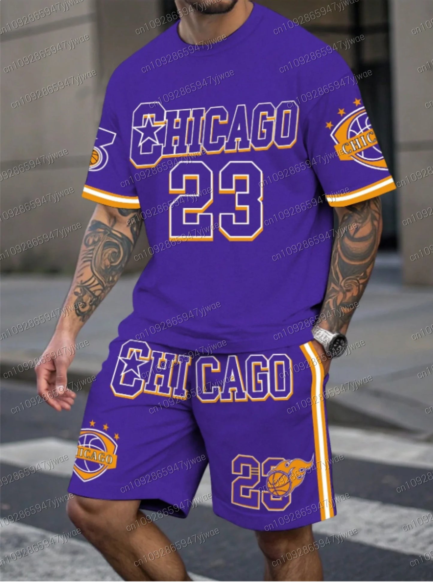 Nuovo set da uomo Chicago n. 23 con stampa, composto da maglietta a maniche corte gialla e pantaloncini, ideale per il basket e il jogging. Abbigliamento uomo.