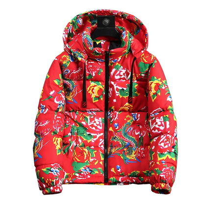 2025 Autumn Winter Chinese Style Northeast China Large Floral Cotton Jacket Loose-fit Zippered Hooded Long Sleeved Warm Coat