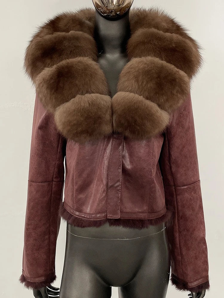 OFTBUY Cappotto corto alla moda con collo in pelliccia di volpe naturale da donna, nuovo abbigliamento autunnale e invernale in pelliccia, giacca in vera pelliccia di coniglio con fodera in pelle scamosciata da donna