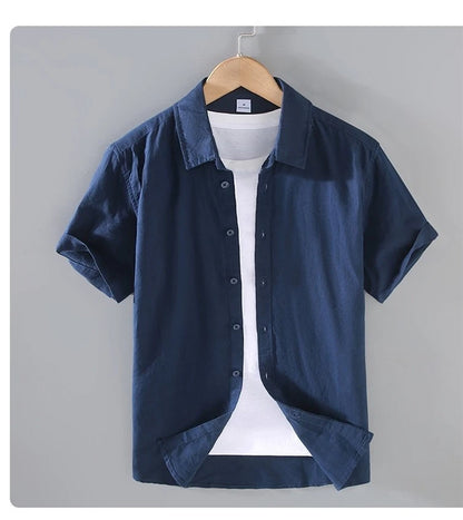 Camicia da uomo in cotone e lino a maniche corte, estiva, stile streetwear, tinta unita, collo alto, casual, stile spiaggia, taglie forti dalla M alla 3XL