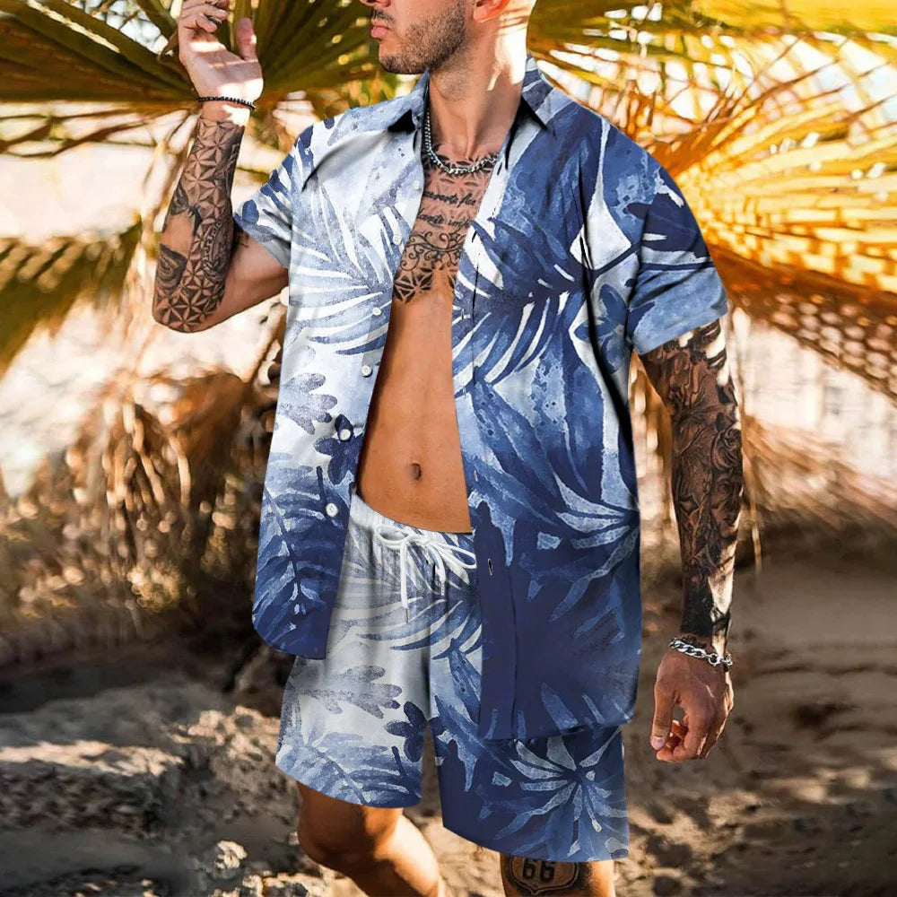 Completo da spiaggia hawaiano da uomo, 2 pezzi: camicia con stampa 3D, maniche corte, pantaloncini da spiaggia, camicia casual, set due pezzi alla moda per le vacanze.