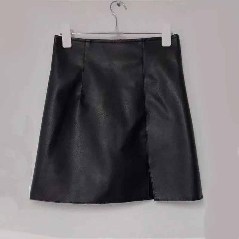 Women Side Slit Hem PU Leather Mini Skirts Solid Color Summer Female High Waist Slim Bodycon Skirts Lady Sexy Party Club Skirts