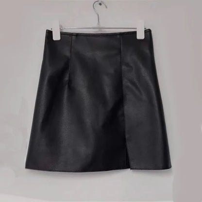 Women Side Slit Hem PU Leather Mini Skirts Solid Color Summer Female High Waist Slim Bodycon Skirts Lady Sexy Party Club Skirts