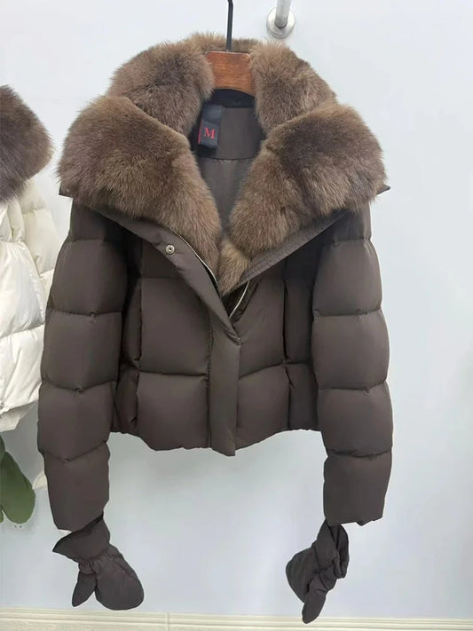Cappotto in piumino d'oca con collo in pelliccia di volpe naturale, giacca di lusso in pelliccia, parka casual caldo da donna, giacca imbottita in vera pelliccia