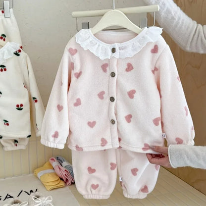 Completo pigiama invernale per bambina, 2 pezzi, caldo pile con bordo in pizzo, maglia a maniche lunghe e pantaloni, grazioso completo per la casa, abbigliamento casual per Natale