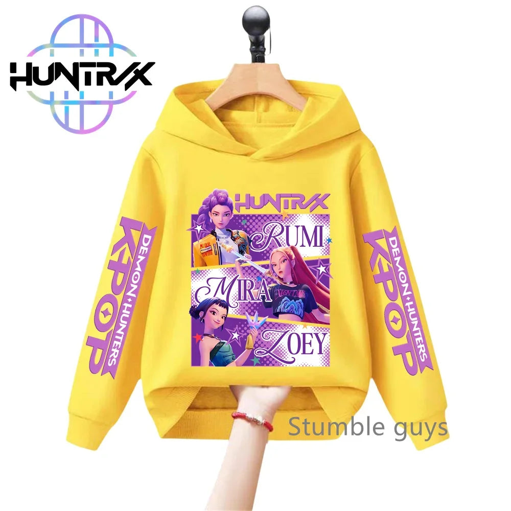 Felpa con cappuccio a maniche lunghe per bambini con stampa anime autunnale KPop Demon Hunters, abbigliamento sportivo, vestiti casual per ragazzi e ragazze.