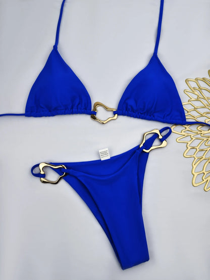 Nuovo bikini sexy a tinta unita con lacci e spacco, costume da bagno a due pezzi per donna