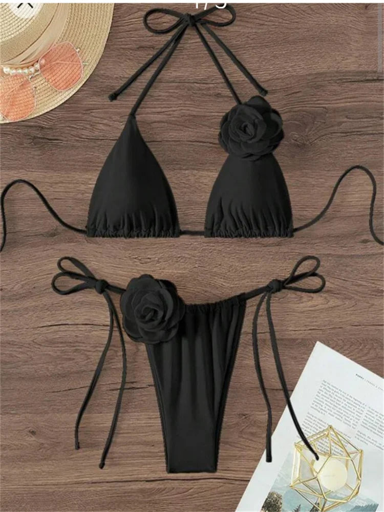Set bikini sexy da donna, costume da bagno 2024, nero e bianco, stampa floreale 3D, micro bikini, costume da bagno brasiliano con ritagli, perizoma.