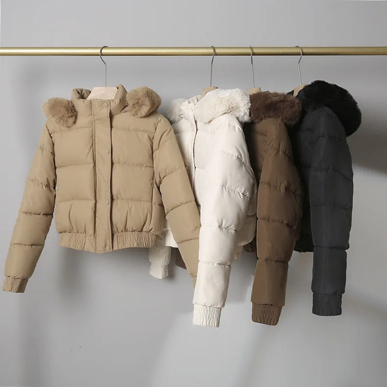 Parkas Down Jacket Women Winter Cotton Short Coat Hooded Fur Collar Office Lady Outerwear Thicken Warm Windproof Overcoat 2025
