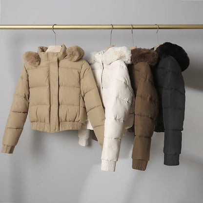 Parkas Down Jacket Women Winter Cotton Short Coat Hooded Fur Collar Office Lady Outerwear Thicken Warm Windproof Overcoat 2025