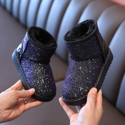 Stivali da neve invernali per bambina, scarpe con pelliccia spessa e scintillante, stivali corti per bambini, caldi, belli, eleganti, slip-on autunnali per adolescenti, scarpe con paillettes