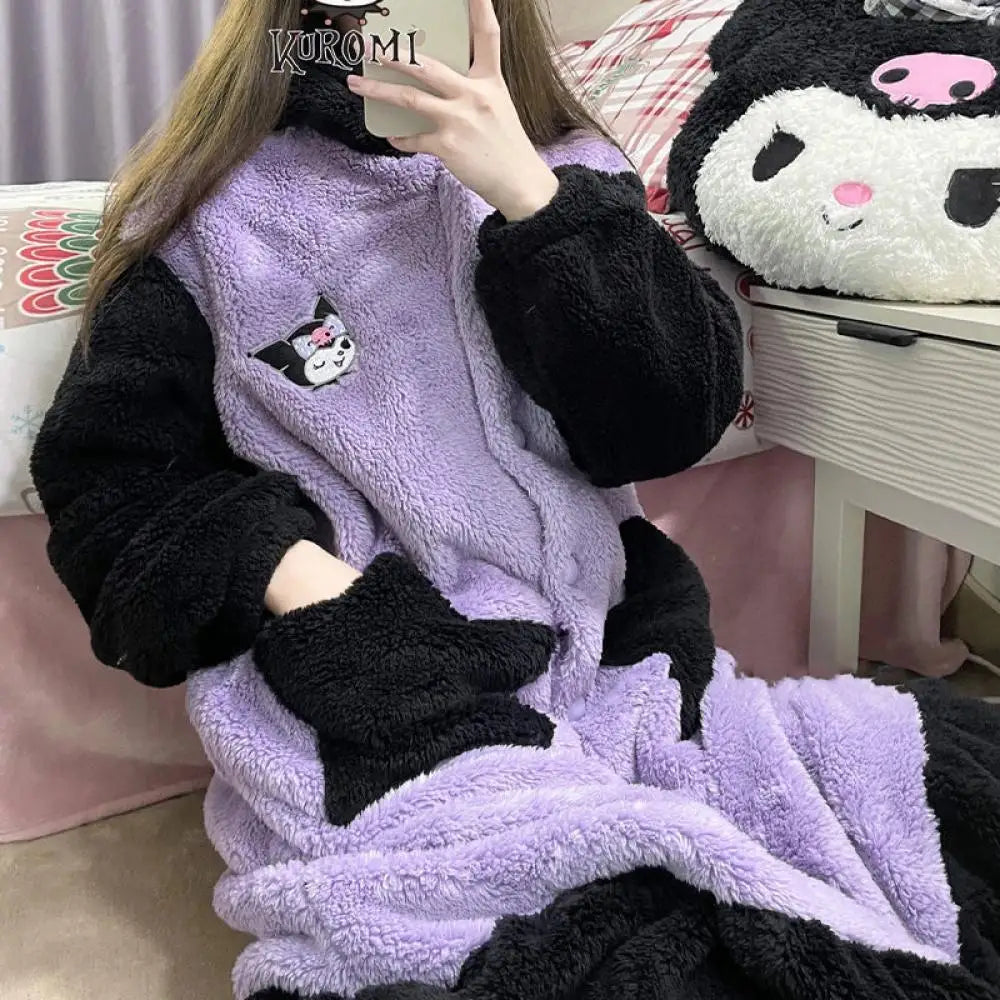 Plush Pajamas Night-Robe Suit Sanrioed Anime Kawaii Kuromi Coral Fleece Homewear Winter Long Style Thickened Nightgown Pants