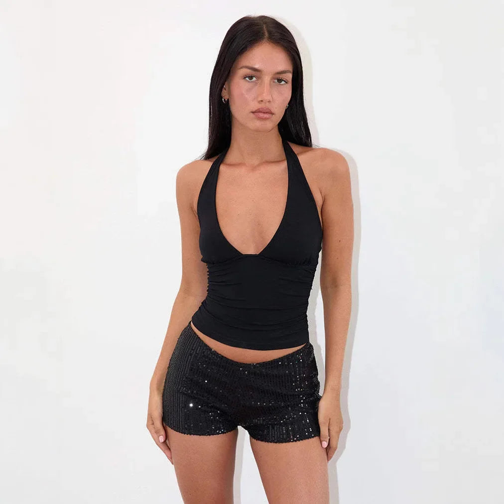 Fashionable Slim Fit Sequin Solid Color Black Mid Waist Sexy Straight Leg Women's Shorts 2025 Multicolor Hot Pants