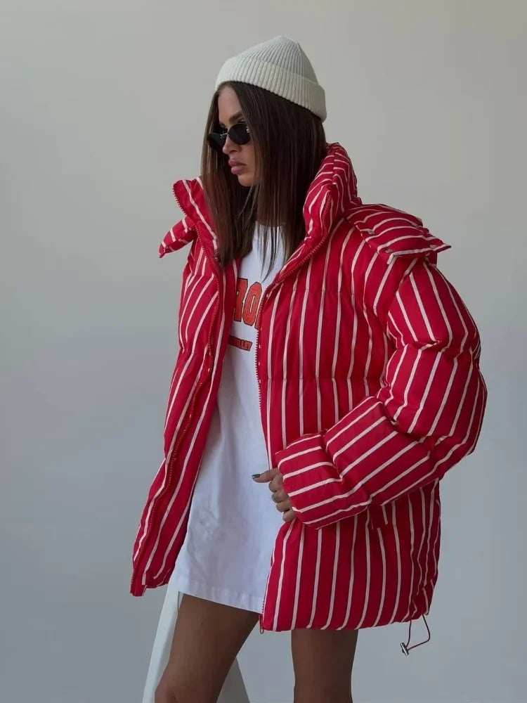 Casual Striped Loose Coat Women Full Sleeve Zippers Stand Collar Thicken Jackets Female 2025 Street Autumn Winter Lady Outwears