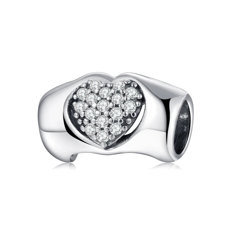 100% autentico argento sterling 925, cuore rosa, perline di zirconi trasparenti, compatibile con i charm europei originali, braccialetti e creazione di gioielli