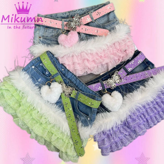 Mikumn Japanese Y2K Aesthetic Vintage Low Waist Lace Patchwork Denim Skirt Harajuku Girls Kawaii Pink Purple Green Cake Skirts
