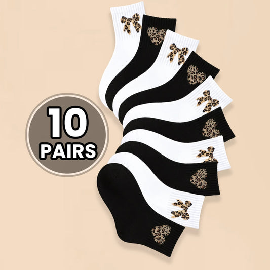 10 paia di adorabili calzini per bambini in bianco e nero, con stampa leopardata alla moda e fiocchi, comodi calzini per bambini a metà polpaccio