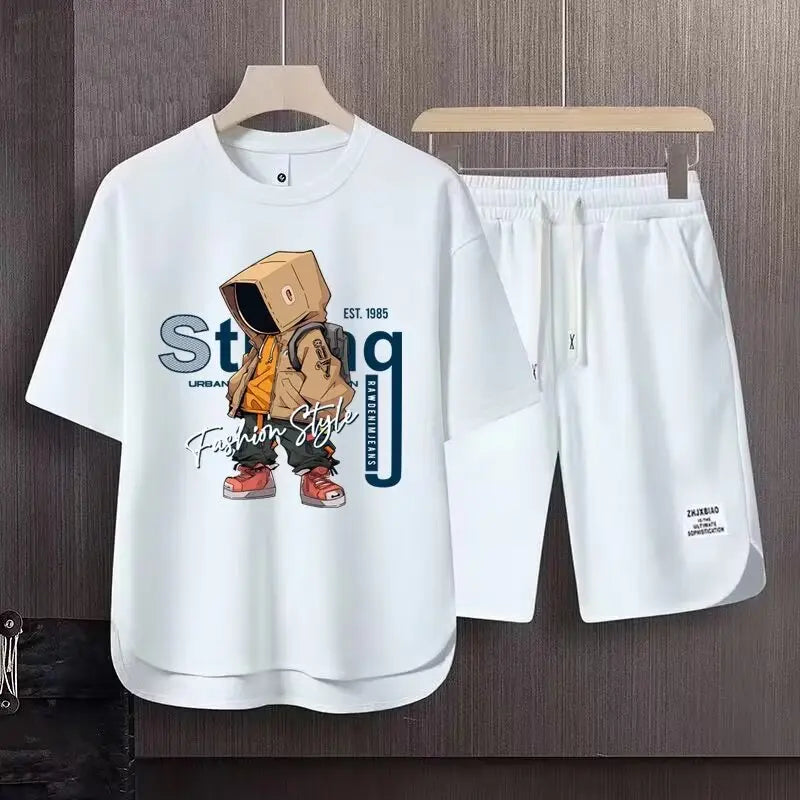 Completo estivo da uomo color kaki, stile americano, con t-shirt e pantaloncini stampati a cartoni animati, set di 2 pezzi, maglia a nido d'ape traspirante, abbigliamento sportivo da uomo.