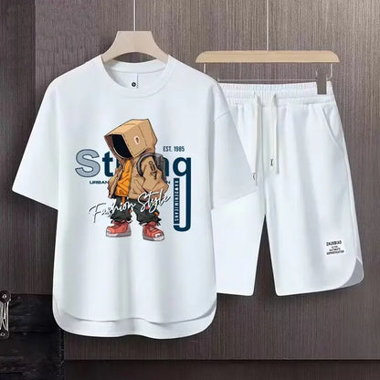 Completo estivo da uomo color kaki, stile americano, con t-shirt e pantaloncini stampati a cartoni animati, set di 2 pezzi, maglia a nido d'ape traspirante, abbigliamento sportivo da uomo.