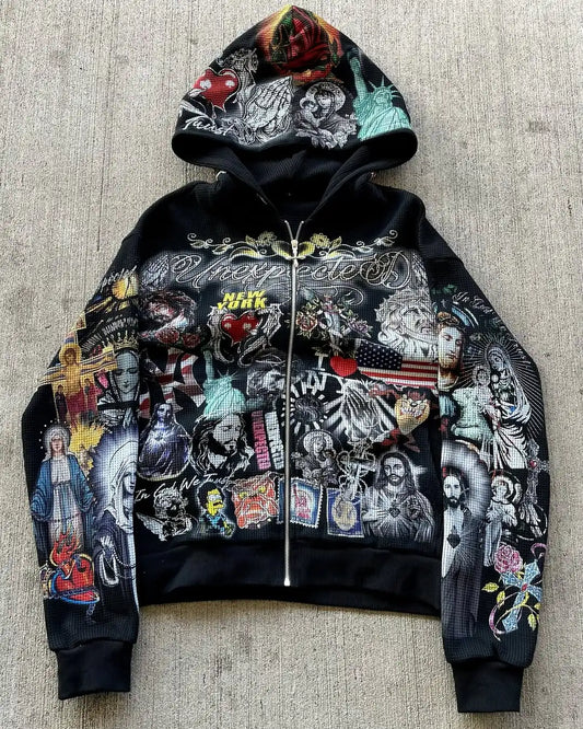 Felpa con cappuccio e zip da uomo in stile punk, fantasia multicolore, stile gotico waffle, capospalla street fashion, vestibilità ampia, taglie forti.