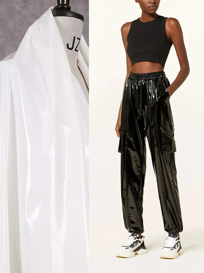 Casual High Waist Faux Latex Cargo Pants Women Shiny Patent Leather Drawstring Elastic Waistband Bloomers PU Sweatpants Custom