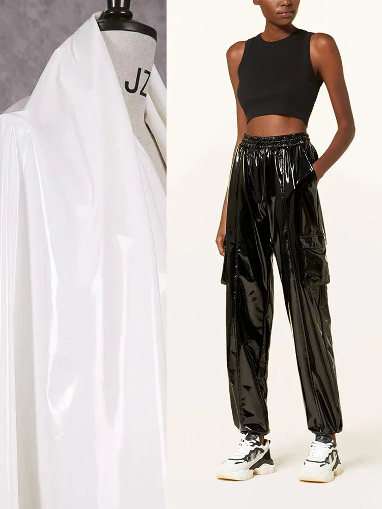Casual High Waist Faux Latex Cargo Pants Women Shiny Patent Leather Drawstring Elastic Waistband Bloomers PU Sweatpants Custom