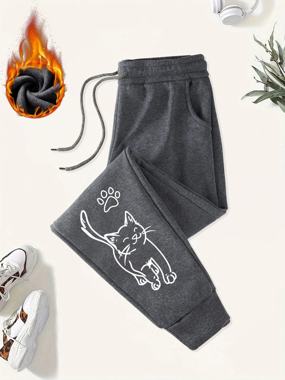 Cute Cat And Paw Print Prints Sweatpants Women Basics Jogger Pants Comfortable Fleece Loose Trousers Autumn Winter Woman Clothes