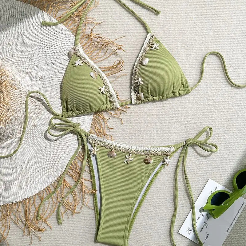 Women's Sexy Halter Triangle Bikini Top 2025 New Arrival Swimwear with Shell & Starfish Design Trendy Beachwear Two Pieces Bikin