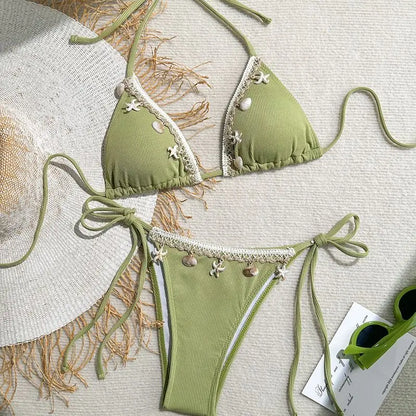 Women's Sexy Halter Triangle Bikini Top 2025 New Arrival Swimwear with Shell & Starfish Design Trendy Beachwear Two Pieces Bikin