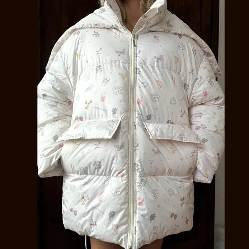 Print Oversized Hoodie Puffer Jacket Women Stand Collar Full Sleeve Sherpa Lined Pocket Zipper Coat 2026 Winter Warm Snowear