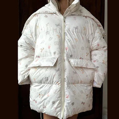 Print Oversized Hoodie Puffer Jacket Women Stand Collar Full Sleeve Sherpa Lined Pocket Zipper Coat 2026 Winter Warm Snowear