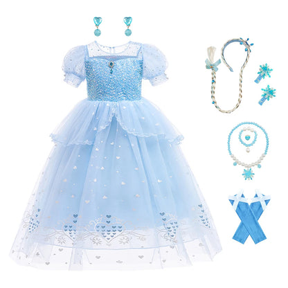 Abito da principessa Elsa per cosplay, blu, in rete con paillettes, per bambina, ideale per feste di compleanno, carnevale e Halloween, adatto a bambini dai 2 ai 10 anni.