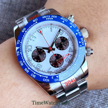 Orologio cronometro Tandorio da uomo, 39 mm, movimento al quarzo VK63, quadrante grigio, vetro zaffiro, cronografo completo, bracciale in acciaio inossidabile 316L, cinturino in gomma.