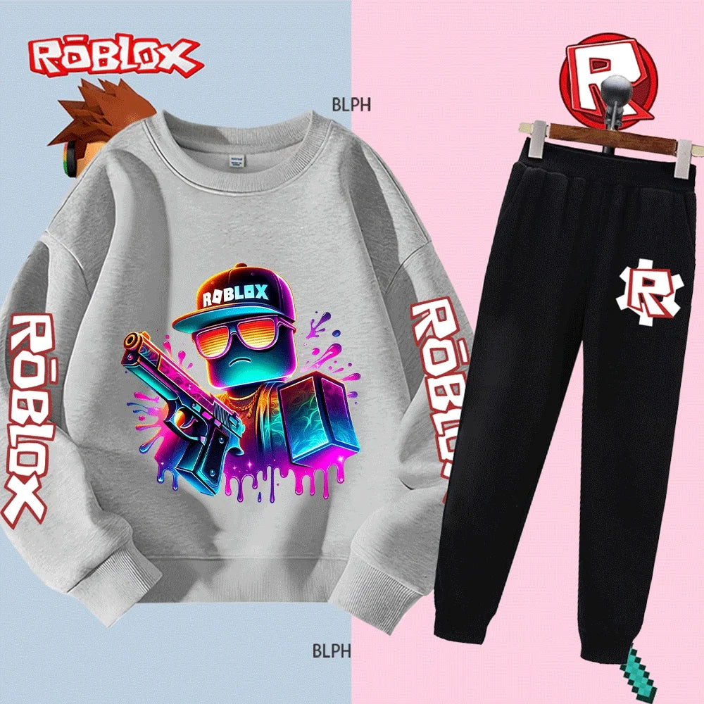 Set felpa con cappuccio Roblox per bambini e bambine, felpa alla moda a maniche lunghe con pantaloni e stampa di personaggi dei cartoni animati, casual