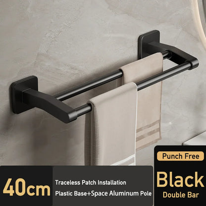 Bathroom Hand Towel Rack Black Towel Holder Wall Mount No Drill Mount 40/50cm Kitchen Towel Bar Aluminium Double Bar 2 Tier Rail