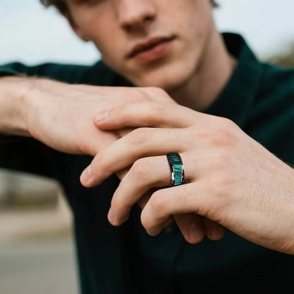 Anelli da uomo in acciaio inossidabile color argento con intarsio in pietra imitazione pavone da 8 mm, gioielli per matrimonio da uomo, anello in acciaio
