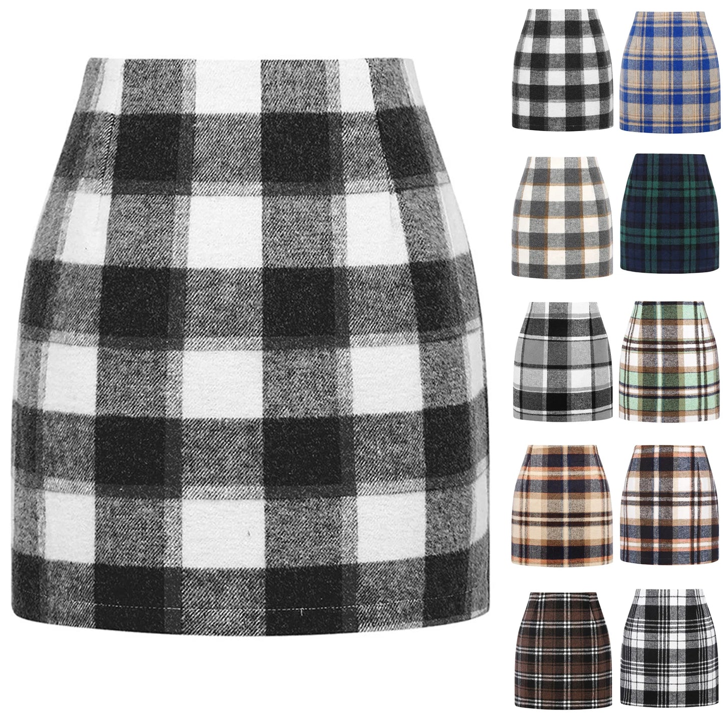 Women's High Waist Plaid Woolen Pencil Skirt Tight Fit Ele Sle Zipper Closure Cotton Blend Ort Length A-line Skirt