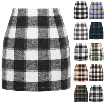 Women's High Waist Plaid Woolen Pencil Skirt Tight Fit Ele Sle Zipper Closure Cotton Blend Ort Length A-line Skirt