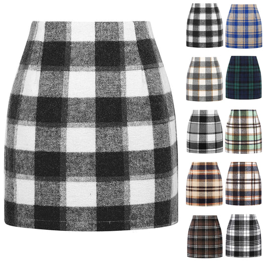 Women's High Waist Plaid Woolen Pencil Skirt Tight Fit Ele Sle Zipper Closure Cotton Blend Ort Length A-line Skirt