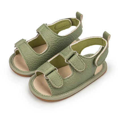 Sandali estivi per neonati Meckior, scarpe per bambini in pelle PU con suola in gomma antiscivolo, primi passi per neonati e bambine da 0 a 18 mesi.