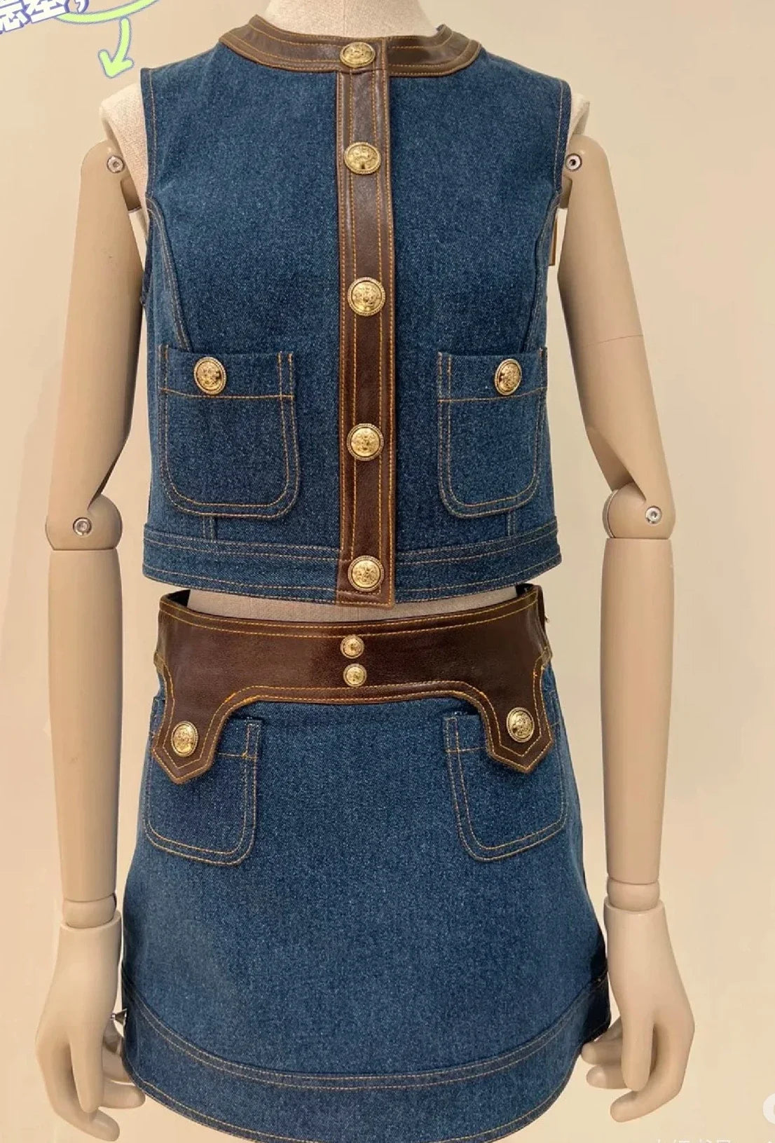 Women's Denim Patchwork Leather Round Neck Sleeveless Vest A-Line Short Skirt Set Women's 25 Early Autumn New Item
