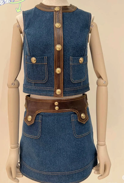 Women's Denim Patchwork Leather Round Neck Sleeveless Vest A-Line Short Skirt Set Women's 25 Early Autumn New Item