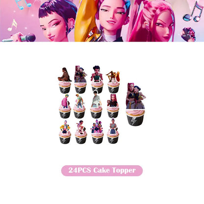 Kpop Demon Hunter Birthday Decoration Set Kpop Girl Cup Pate Happy Balloon Happy Banner Gift Bags Supplies for Kids Party Favors