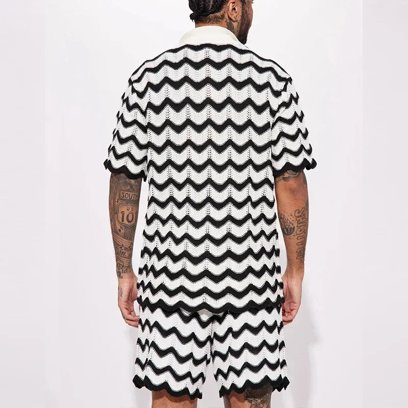 Completo estivo da uomo 2023, nuovo set composto da camicia e pantaloncini in maglia con stampa alla moda, due pezzi, abbigliamento sportivo e casual da uomo.