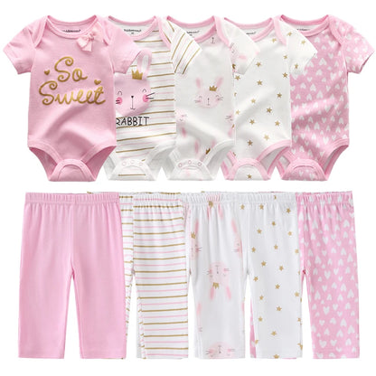 Abbigliamento unisex per neonati in cotone, 6/9/10 pezzi, body e pantaloni, maniche corte, per neonati maschietti.