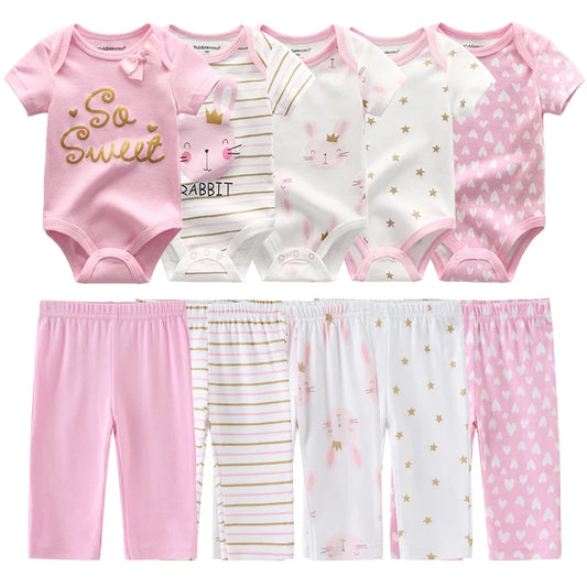 Abbigliamento unisex per neonati in cotone, 6/9/10 pezzi, body e pantaloni, maniche corte, per neonati maschietti.